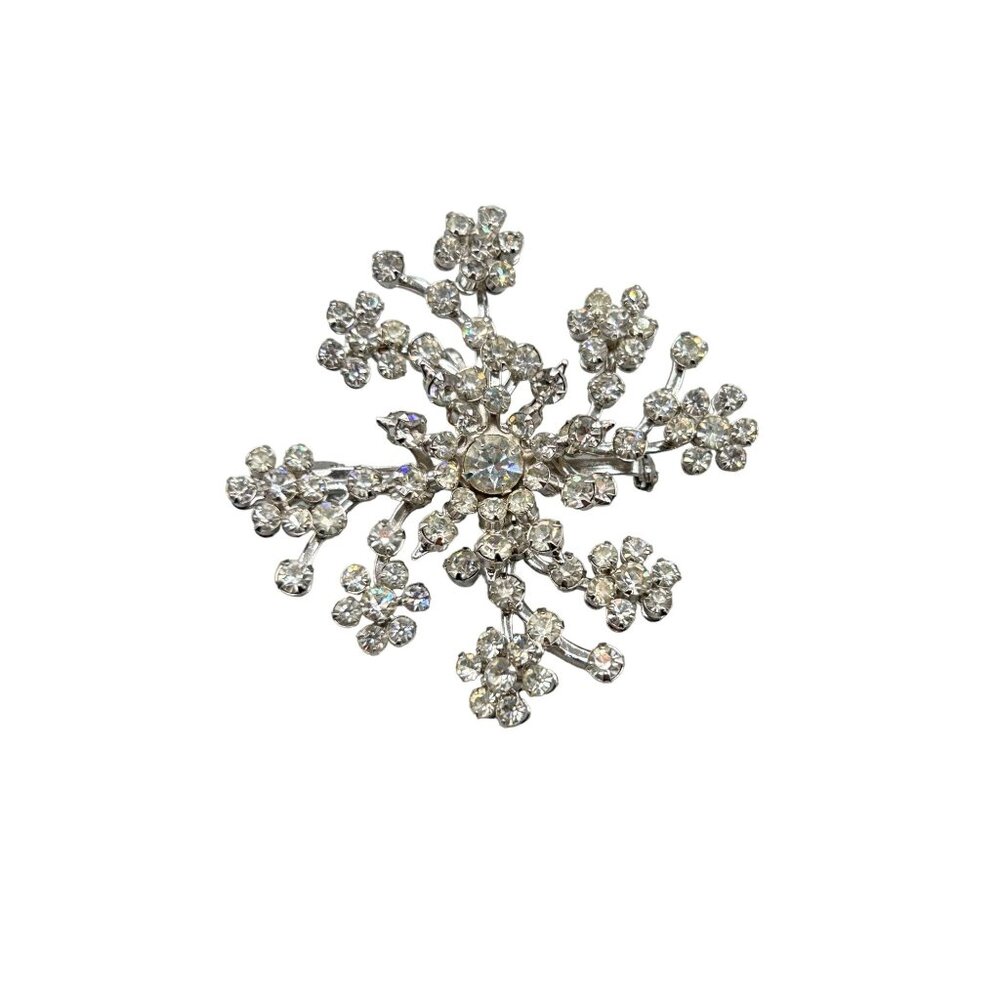 Vintage Rhinestone Brooch Layered Silver Tone Clear Glass Stones Snowflake Pin
